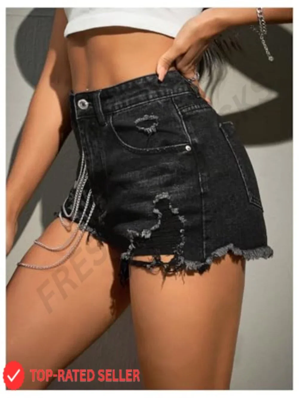 Y2K Ripped Chain Raw Hem Grunge Punk Denim Shorts High Waisted Streetwear Mini